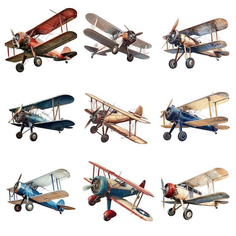 Op de afbeelding: Negen vintage-biplanes in verschillende kleuren, waaronder rood, blauw, wit en bruin, worden getoond tegen een witte achtergrond. De vliegtuigen zijn allemaal in de lucht, met hun vleugels wijd uitgespreid.
