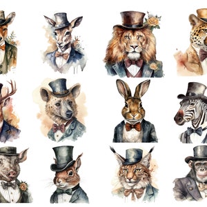 Aquarel Gentlemen Wild Animals Clipart, PNG digitale afbeeldingen, transparante achtergrond, hoge kwaliteit, clipart, 12x12, commercieel gebruik