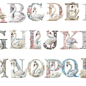Alfabeto de cisne de acuarela, letras de cisne png, fondo transparente, alta calidad, imágenes prediseñadas, 12x12, uso comercial