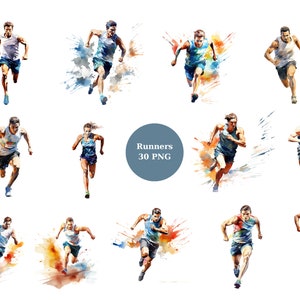 30 Track Runners Aquarell Clipart, Leichtathletik Clipart, Sport Clipart, PNG einzelne Bilder auf transparentem Hintergrund, Sublimation