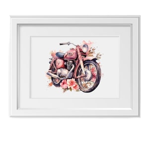 May include: A watercolor painting of a vintage red motorcycle with a floral design. The motorcycle has a chrome headlight and a brown leather seat. The flowers are pink and white.