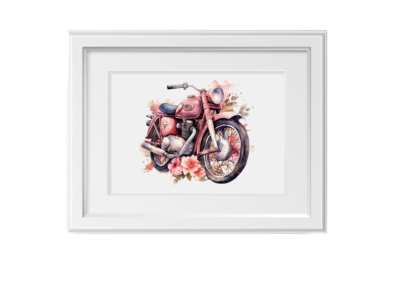 May include: A watercolor painting of a vintage red motorcycle with a floral design. The motorcycle has a chrome headlight and a brown leather seat. The flowers are pink and white.