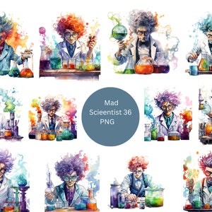 36 cliparts aquarelle de savants fous, clipart science, images individuelles PNG sur fond transparent, sublimation