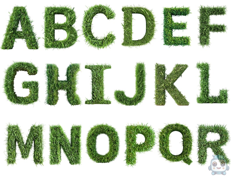 May include: The letters A through R are formed from green grass. The letters are all in uppercase and are arranged in alphabetical order.