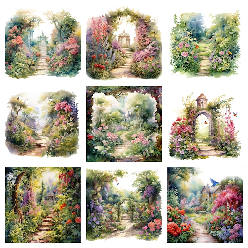 May include: Nine watercolor paintings of whimsical garden paths with stone steps, lush greenery, and colorful flowers. Each path leads to a different destination, such as a gazebo, a cottage, or an archway.
