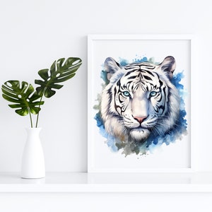 May include: A white tiger with blue eyes is depicted in a watercolor painting. The tiger's head and shoulders are shown against a blue and gray watercolor background.