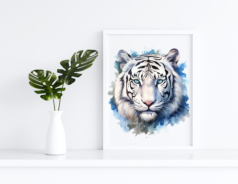 May include: A white tiger with blue eyes is depicted in a watercolor painting. The tiger's head and shoulders are shown against a blue and gray watercolor background.