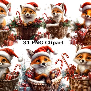 34 Pères Noël renards dans des paniers Clipart aquarelle, clipart Noël, images individuelles PNG sur fond transparent, sublimation
