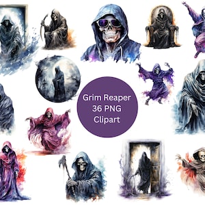 Aquarelle Grim Reapers Clipart, Halloween, fichiers numériques PNG, scrapbook, invitations, utilisation commerciale, téléchargement immédiat