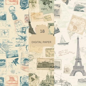 Vintage Travel Digital Paper Pack - Antike Postkarten, Karten und Briefmarken Hintergründe für Journaling - 18 Blatt
