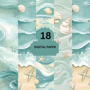 May include: Digital paper pack featuring a beach theme with seashells, starfish, and ocean waves in shades of blue, teal, and beige. The number 18 and the words "DIGITAL PAPER" are displayed on a teal banner.