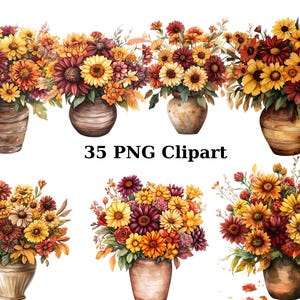 35 imágenes prediseñadas de acuarela de flores de otoño, imágenes prediseñadas florales, imágenes PNG individuales sobre fondo transparente, sublimación