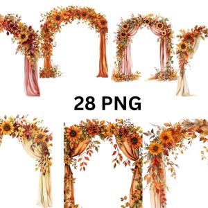 Ensemble de cliparts arche tournesol automne | 28 Arches de mariage florales d'automne PNG numériques, images individuelles PNG sur fond transparent, sublimation