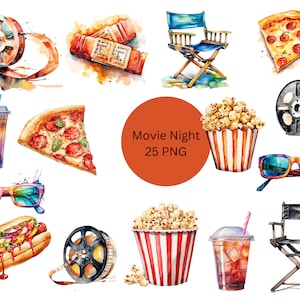 Watercolor Movie Night Clipart, PNG digital files on a transparent background, scrapbook, invitations, commercial