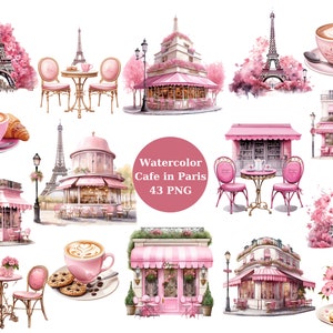 43 cliparts aquarelle café à Paris, Paris, café, images individuelles PNG sur fond transparent, sublimation