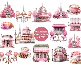 43 Watercolor Cafe in Paris Clipart, Paris, Cafe, PNG individual images on transparent background, sublimation