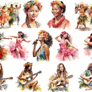 Acquerello Hawaiian People Clipart, Tropical Island People Dancing, immagini PNG, sfondo trasparente, alta qualità, 12x12, uso commerciale