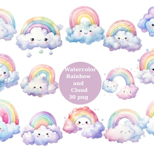 Acuarela Rainbow and Cloud Clipart, archivos digitales PNG sobre un fondo transparente, álbum de recortes, invitaciones