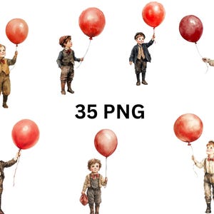 Clipart de niños vintage con globos rojos - 35 ilustraciones PNG en acuarela, imágenes PNG individuales sobre fondo transparente, sublimación
