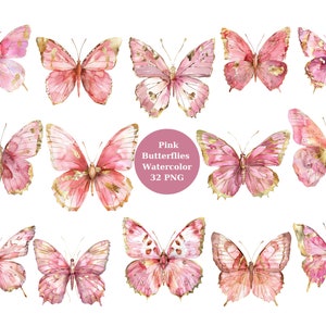 Aquarelle papillons roses Clipart, fichiers numériques PNG sur fond transparent, sublimation, usage commercial