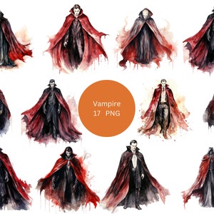 17 Vampire Aquarell Clipart, Halloween Clipart, PNG einzelne Bilder auf transparentem Hintergrund, Sublimation