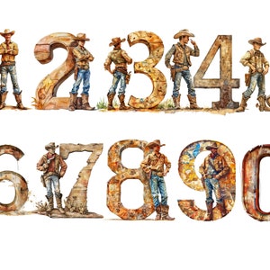 Watercolor Cowboy Numbers Clipart, Western Clipart, PNG individual images on transparent background, sublimation, commercial use