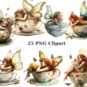 ティーカップの中の妖精 25 枚 クリップアート、ファンタジー クリップアート、透明な背景の PNG 個別画像、昇華