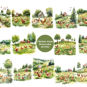 Clipart ferme de poulet aquarelle, fichiers numériques PNG sur fond transparent, sublimation, usage commercial
