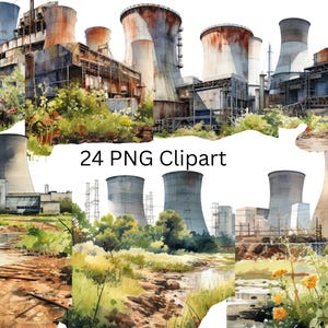 24 plantas nucleares abandonadas, imágenes prediseñadas de acuarela, imágenes PNG individuales sobre fondo transparente, sublimación, uso comercial