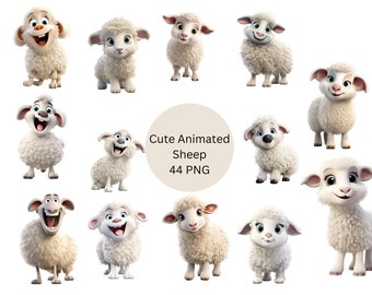 Leuke geanimeerde schapen clipart, PNG transparante achtergrond, hoge kwaliteit, clipart, 12x12, commercieel gebruik