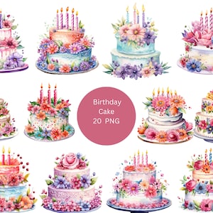 20 Floral Birthday Cakes Watercolor Clipart, Floral Clipart, PNG individual images on transparent background, sublimation