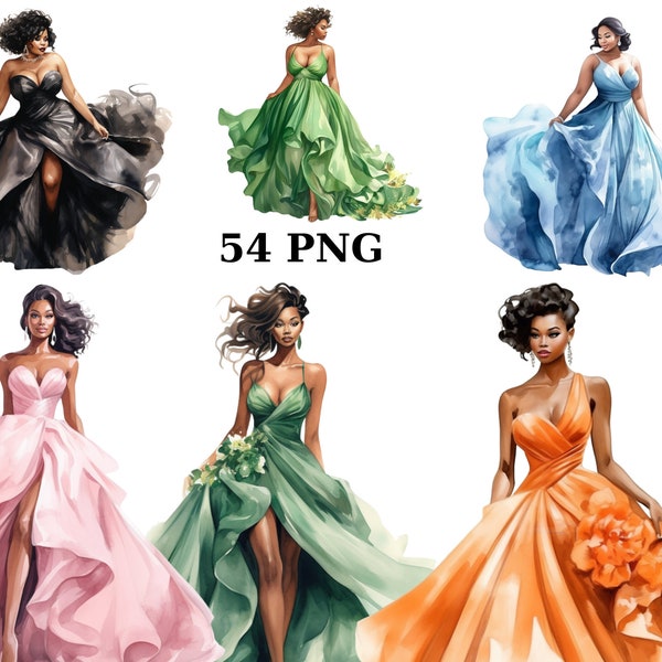 Watercolor 54 Black Women in Dresses Clipart, prom clipart, women of color clipart, curvy women, PNG digital files on transparent background