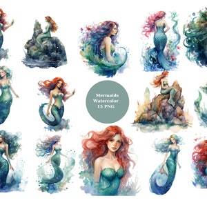 Aquarell Mermaids Clipart, Sirenen, PNG Einzelbilder auf transparentem Hintergrund, Sublimation, kommerzielle Nutzung