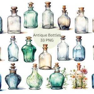 Aquarel antieke flessen clipart, digitale PNG-bestanden op een transparante achtergrond, plakboek, uitnodigingen