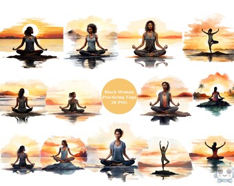 28 Black Women Practicing Yoga Watercolor Clipart, Women of Color Clipart, Yoga Clipart, PNG individual images on transparent background