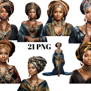 21 schwarze Frauen im Eleganten Dashiki Kleid Clipart, Fashion Clipart, Women of Color, PNG Einzelbilder auf transparentem Hintergrund