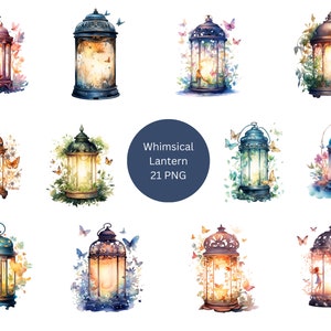 21 Whimsical Lanterns Watercolor Clipart, Fantasy Clipart, PNG individual images on transparent background, sublimation