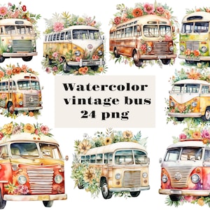 Watercolor floral vintage bus bundle, graphics in PNG for commercial use instant download High resolution, 12x12, commercial use