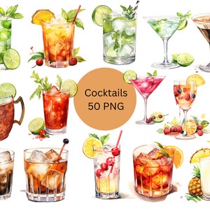 Clipart di cocktail ad acquerello, file digitali PNG su sfondo trasparente, design a sublimazione, album di ritagli, uso commerciale