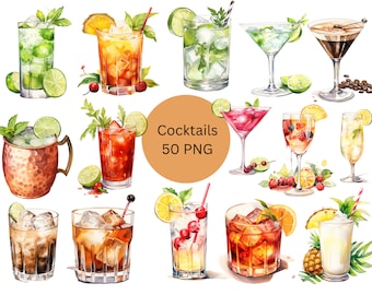 Watercolor Cocktails Clipart, PNG digital files on a transparent background, sublimation design, scrapbook, commercial use