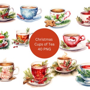 Watercolor Christmas Cups of Tea Clipart, PNG digital files on transparent background, sublimation, commercial use