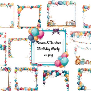 Fiesta de cumpleaños de marcos y bordes, descarga para uso comercial, alta resolución, 12x12, descarga instantánea