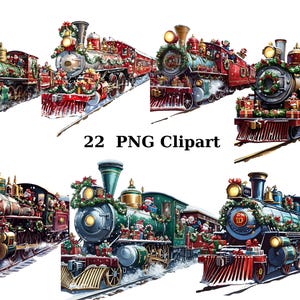 22 Trenes Festivos Acuarela Clipart, Clipart de Navidad, imágenes individuales PNG sobre fondo transparente, sublimación