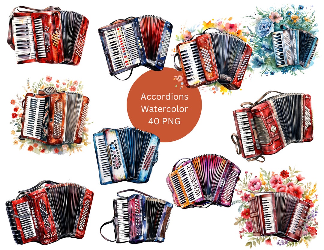 Watercolor Accordions Clipart, PNG Digital Files on Transparent