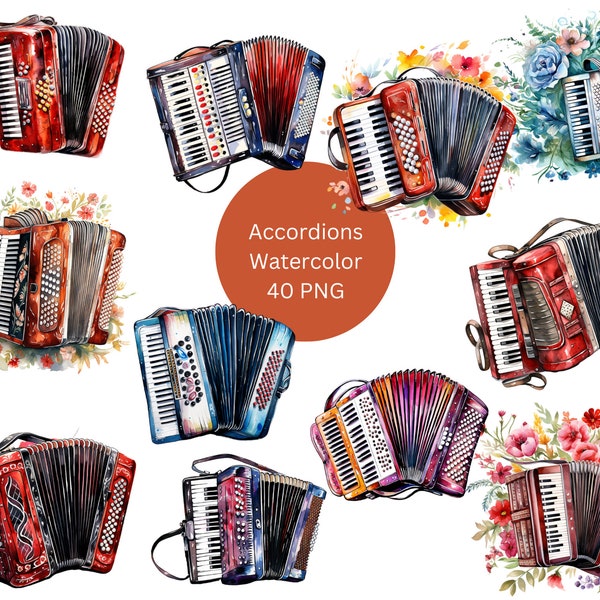 Watercolor Accordions Clipart, PNG digital files on transparent background, sublimation, commercial use