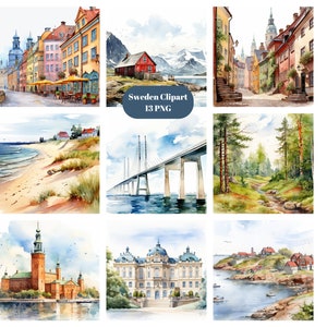 Suecia Acuarela Clipart, Europa Clipart, imágenes individuales PNG sobre fondo transparente, sublimación