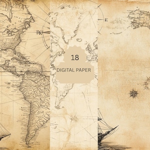 Paquet de papier numérique de carte vintage - 18 arrière-plans marins du Vieux Monde pour le scrapbooking, les journaux et les travaux manuels de pirates