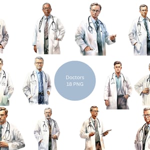 18 médicos aquarela clipart, medicina clipart, imagens individuais PNG em fundo transparente, sublimação, uso comercial