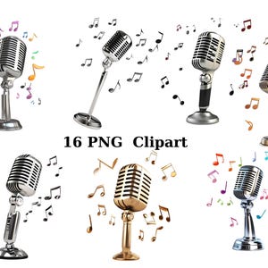 May include: Six vintage microphones with silver, gold, and black finishes, each with a stand and surrounded by colorful musical notes.
