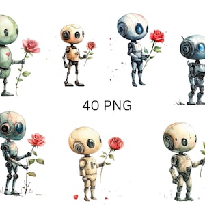 Adorable Robots with Roses Clipart, 40 Watercolor Illustrations Romantic and Futuristic Art, PNG individual images on transparent background